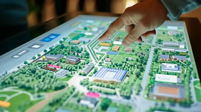 Interactive touchscreen display showcasing a detailed map of a community with user engagement
