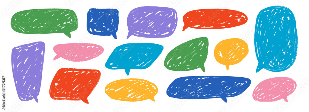 Poster colored hand drawn speech bubble collection. scribbled textured dialog box set. crayon doodled comic