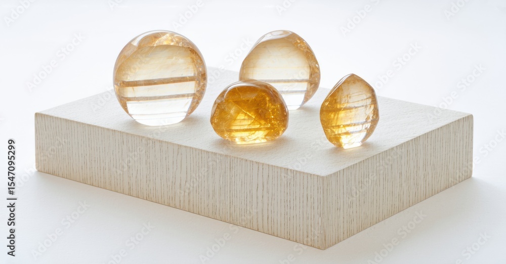 Poster Golden spheres rest upon light wood surface. Smooth textures, translucent forms create subtle visual interest. Minimalist composition.