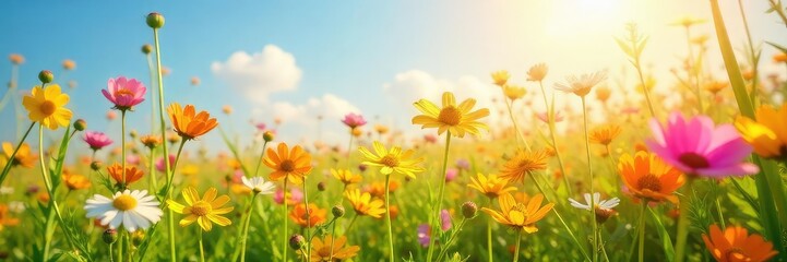 Fototapeta premium A vibrant sunlit field of wildflowers swaying gently in the breeze, embodying joy and carefree bliss Perfect for concepts of optimism, well-being, and summer happiness , sunlight, bliss