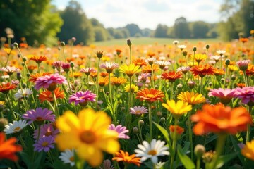 A large, irregular mass of vibrant summer flowers, bursting with color and texture, sits in a sun-drenched field, conveying a sense of abundance and carefree joy , sunlight, flora, irregular