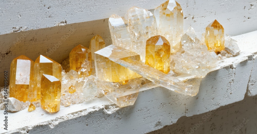 Aufkleber crystals rest upon textured surface. golden hues blend with clear formations, creating striking visu