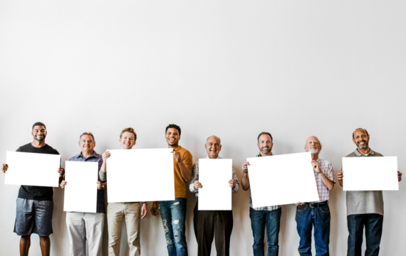 Diverse people holding blank posters mockup