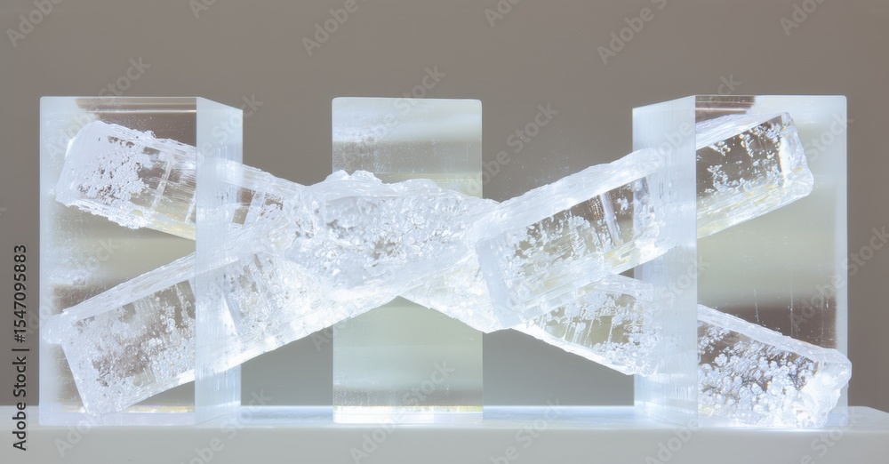 Aufkleber Clear sculpture features intersecting crystal forms within transparent blocks. Minimalist design, bright lighting, modern aesthetic.