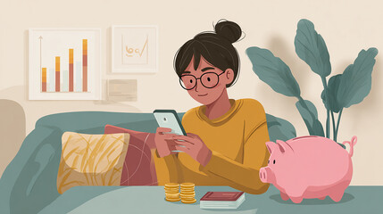 Woman using financial planning app to track monthly expenses and savings goals.