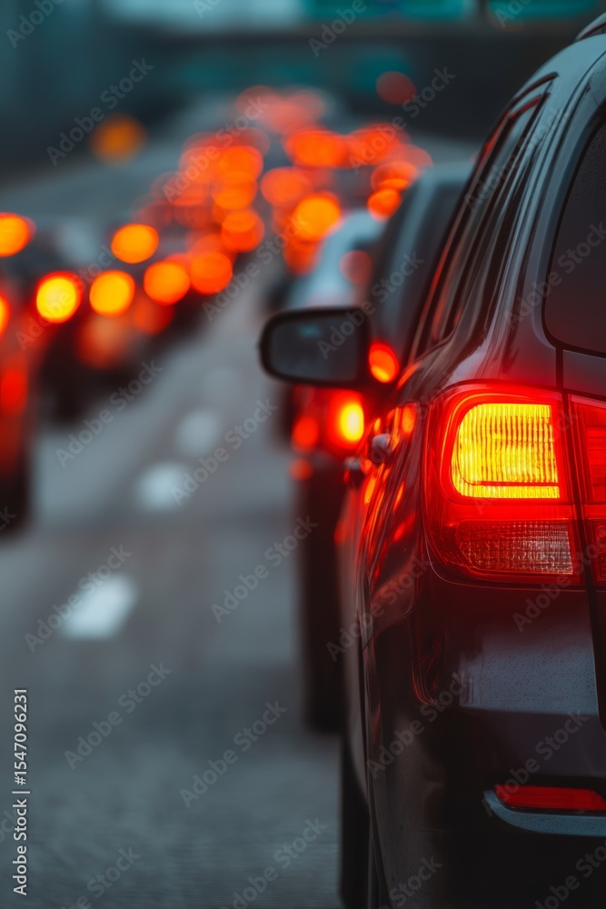 Poster traffic jam with blurred tail lights creating a bokeh effect, showcasing the congestion on a busy ro