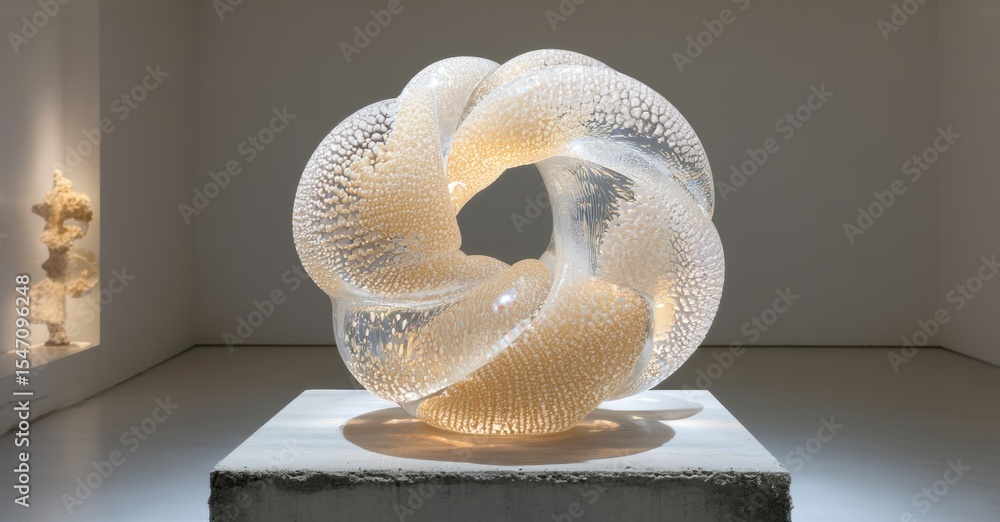 Poster intricate glass sculpture sits upon pedestal. light shines through complex knotted form, creating so