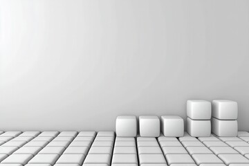 A minimalist 3D illustration of white cubes stacked and aligned on a grid surface against a plain white background.