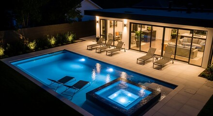 Night view of a modern house with a swimming pool and hot tub. Outdoor lighting illuminates the patio, lounge chairs, and the interior visible through glass doors.