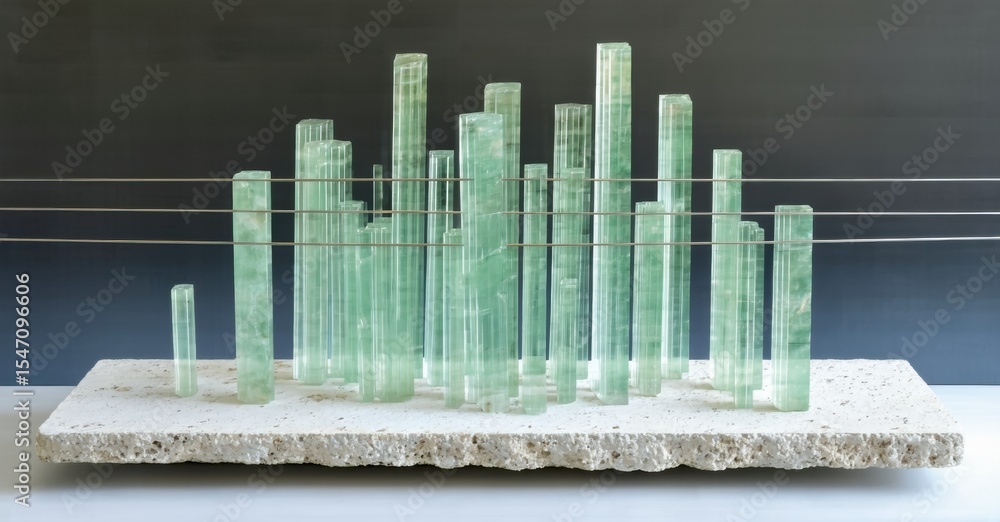 Poster green cylinders rise from porous stone base. thin wires connect columns, creating abstract cityscape