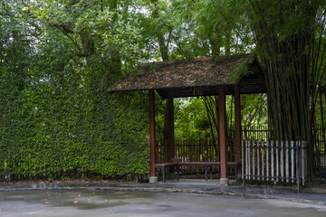 Serene wooden gazebo surrounded by lush greenery and bamboo creates peaceful atmosphere