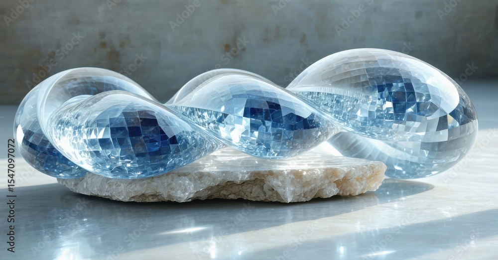 Poster Sculpture features three blue, mosaicfilled forms resting upon rough stone base. Light reflects, creating shimmering effect.