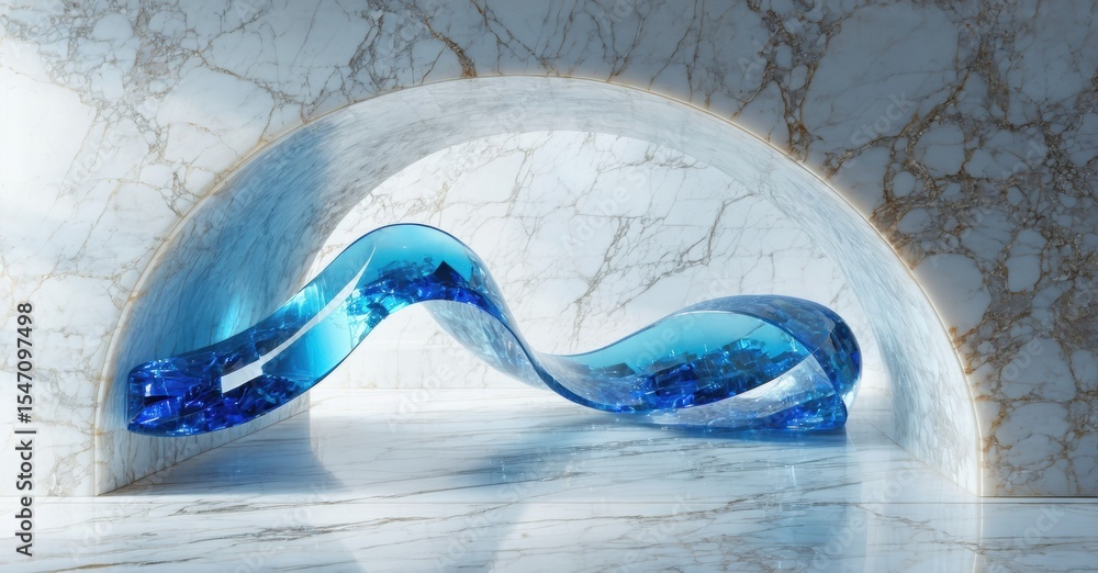 Poster blue glass sculpture rests upon marble surface. elegant curves create flowing form within arched alc