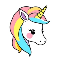 Adorable Cartoon Unicorn Head with Rainbow Mane and Pink Cheeks, Cheerful Fantasy Character Illustration
