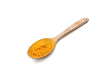 Fresh turmeric powder on wooden spoon isolated on white background 
