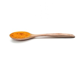 Fresh turmeric powder on wooden spoon isolated on white background 