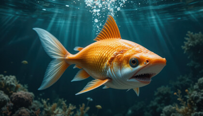 Majestic orange fish swimming gracefully in clear blue water, surrounded by vibrant coral and sunlit bubbles below the surface
