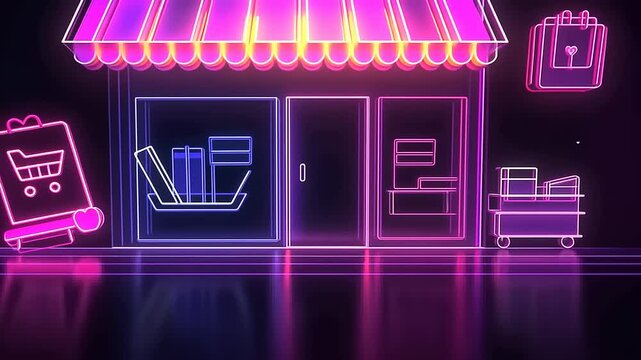 Neon storefront with shopping cart and gift boxes, set against a vibrant digital background