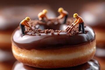 Miniature workers excavate a chocolate donut.