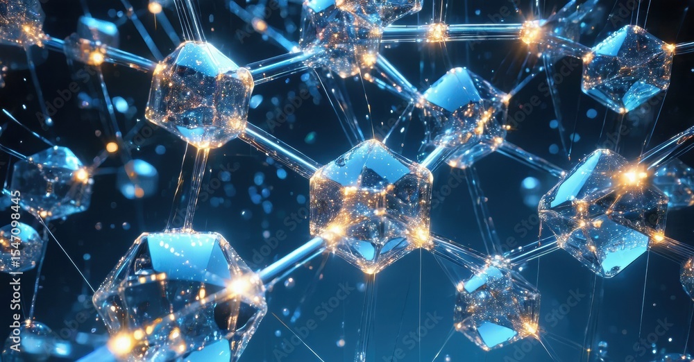 Poster abstract network, glowing connections. blue hues dominate, suggesting technology, science, data stre