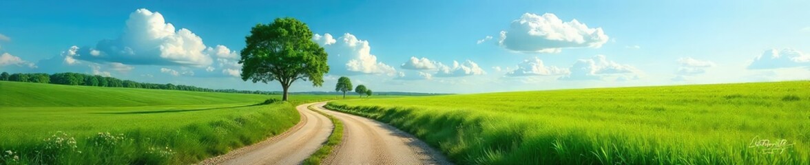 A winding country road stretches into the distance, flanked by lush green fields and towering trees under a vibrant blue sky Perfect for travel, nature, and road trip themes , serenity, rural road
