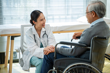 Doctor Comforts Smiling Elderly Man in Wheelchair During Clinic Visit,Arthritis hand,gout knee...
