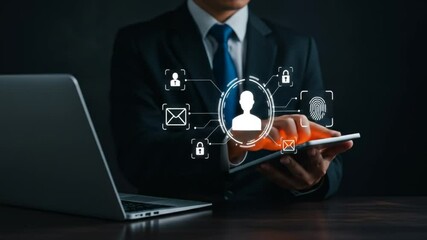 Businessman Using Digital Tablet for Cybersecurity and Data Privacy Protection - Powered by Adobe