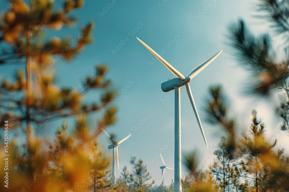 Aufkleber wind turbines generating renewable energy in a sustainable energy project viewed through pine branch