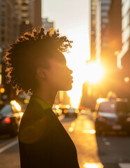 Silhouetted Black Woman at Sunset in the City