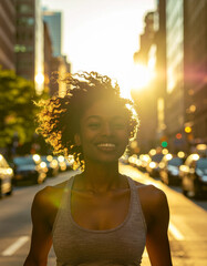 Woman Running at Golden Hour in NYC