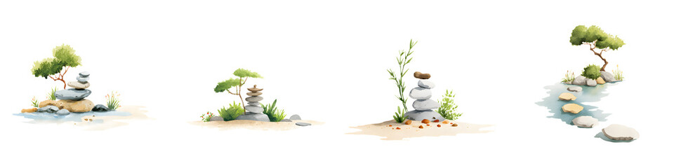 Zen Garden Elements: Watercolor Stones, Trees, and Stepping Stones