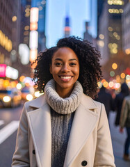 Black woman walking with energy and confidence through a New York street at sunrise