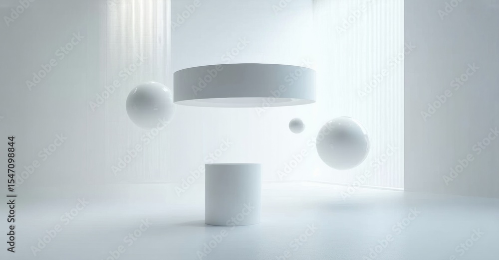 Poster minimalist scene. white geometric shapes float within bright room. cylinder supports disc, creating 