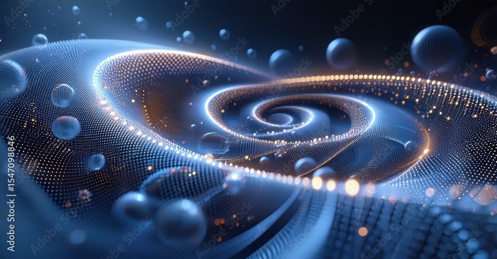 Aufkleber abstract spiral design. glowing particles form swirling patterns, blue tones dominate, creating futu