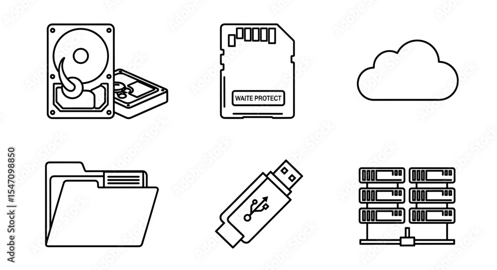 Fototapete Vector outline drawing showcasing various data storage methods and cloud computing illustration present here