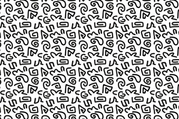 Memphis geometric seamless pattern, Multicolor abstract background in retro style with various shapes: circles, semicircles, dots, zigzags, spirals, wavy lines. Cute kid doodle design