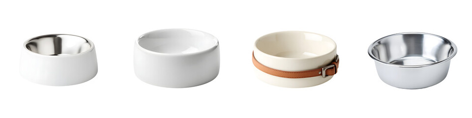 Variety of Pet Food Bowls on White Background