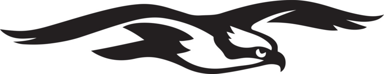 Bold silhouette of a flying osprey, Fish hawk in motion black and white