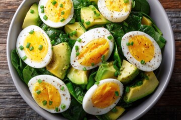 Avocado, spinach, and egg salad in a bowl.