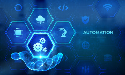 Robotic Process Automation software icon in wireframe hand. RPA. Smart industry. IOT and Automation concept as an innovation, improving productivity in technology and business processes. Vector.