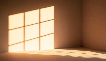 Serene corner interior lit by soft golden hour sunlight through a window grid, forming clean geometric shadows across a minimalist wall and floor