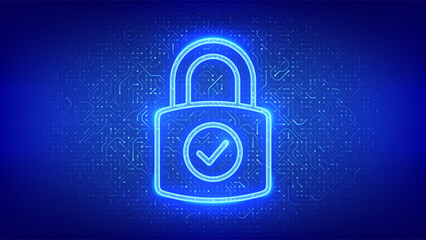 Padlock icon. Cybersecurity and data protection concept. Padlock with Check mark icon. Network safety. Information privacy idea. Circuit board pattern. PCB printed circuit texture. Vector illustration