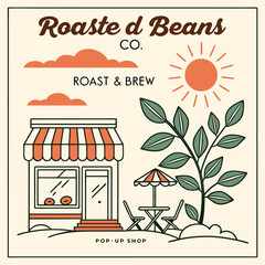 Vintage Style Illustration Roasted Beans Coffee Shop Pop Up Shop Red Orange Green Cream Colors Sun Clouds Outdoor Seating