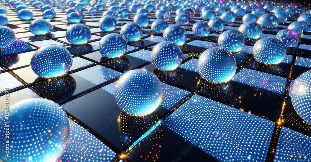 Poster reflective surface displays numerous glowing spheres. pattern creates infinite visual depth, captiva