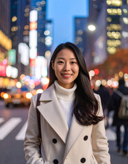 Vibrant Japanese woman walking confidently in tan coat under Times Square lights