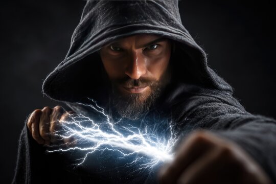 Focused figure in dark attire conjures lightning.