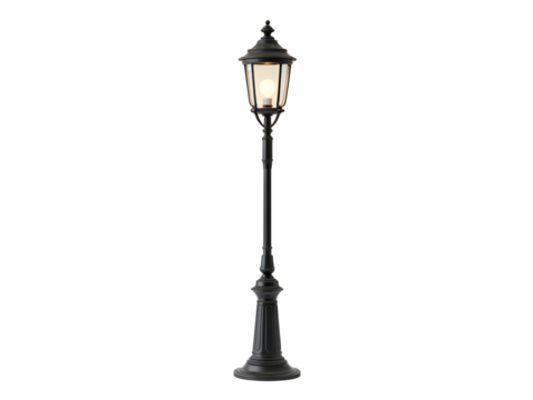 Dark Gray Vintage Style Three Dimensional Plastic Street Lamp Illuminated Glass Lantern Ornate Base isolated on a transparent background
