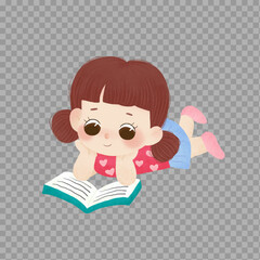 Cute Girl Reading a Book – Cartoon Clipart on Transparent Background

