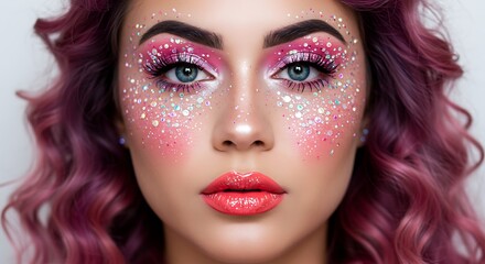 Fototapeta premium A beautiful woman with captivating eyes and stunning pink glitter makeup.