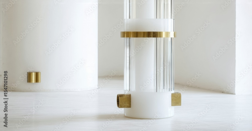 Poster elegant lamp stands amidst white columns. brass accents highlight frosted glass, creating soft illum